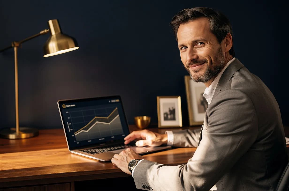 An Ambassador at a walnut desk reviewing a navy and gold client revenue dashboard in warm afternoon light.