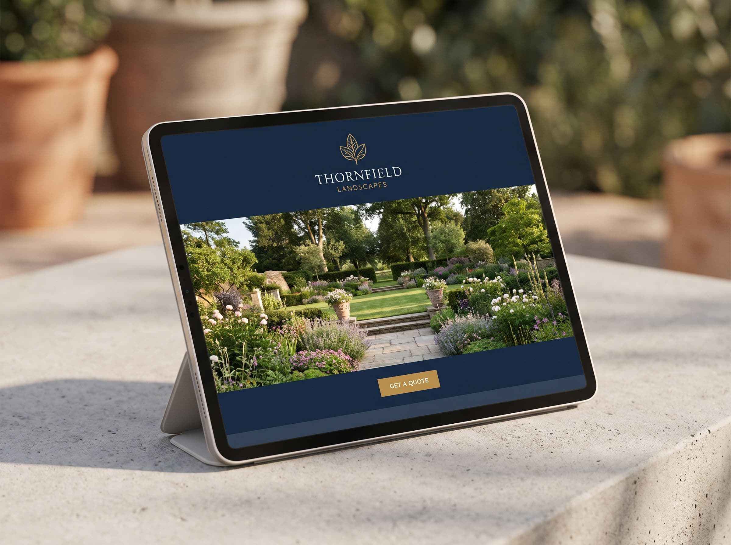 A tablet showing the Thornfield Landscapes website with a garden photograph and a gold Get a Quote button.