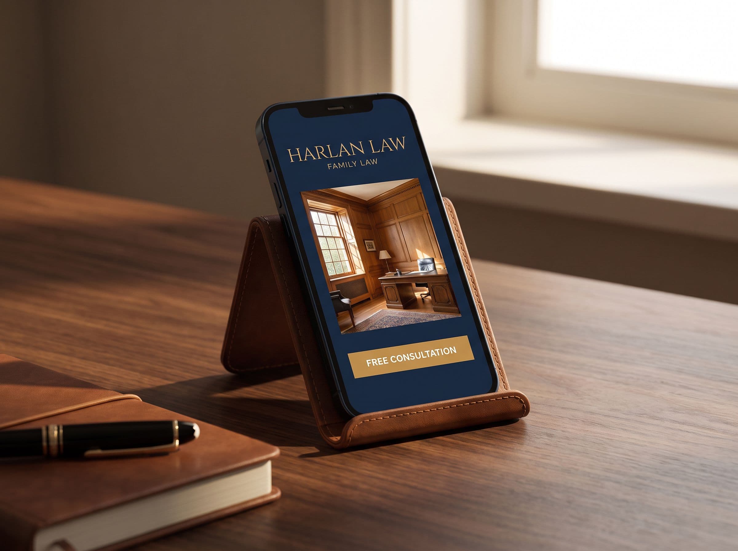 A phone on a walnut desk showing the Harlan Law website with a gold Free Consultation button.