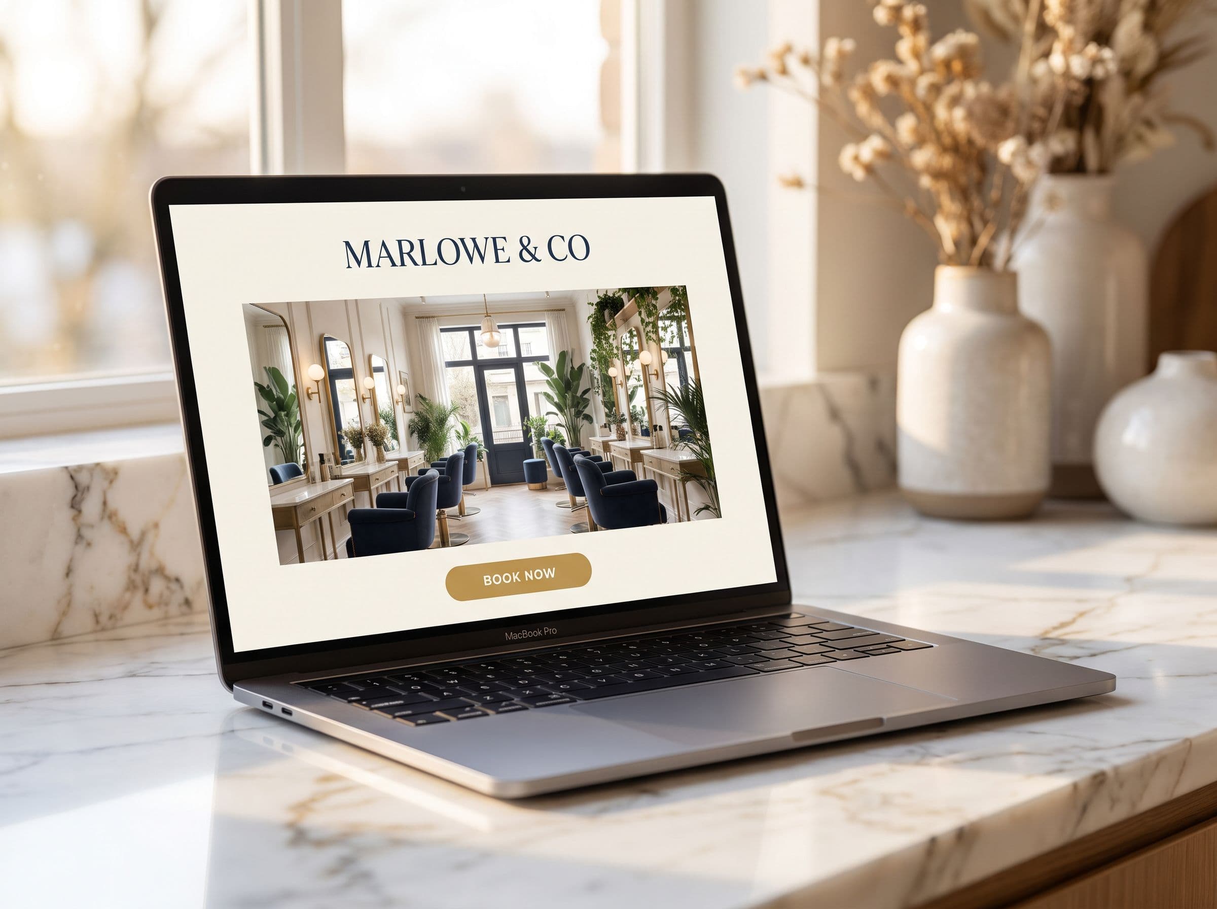 A laptop on a marble counter showing the Marlowe & Co salon website with a gold Book Now button.