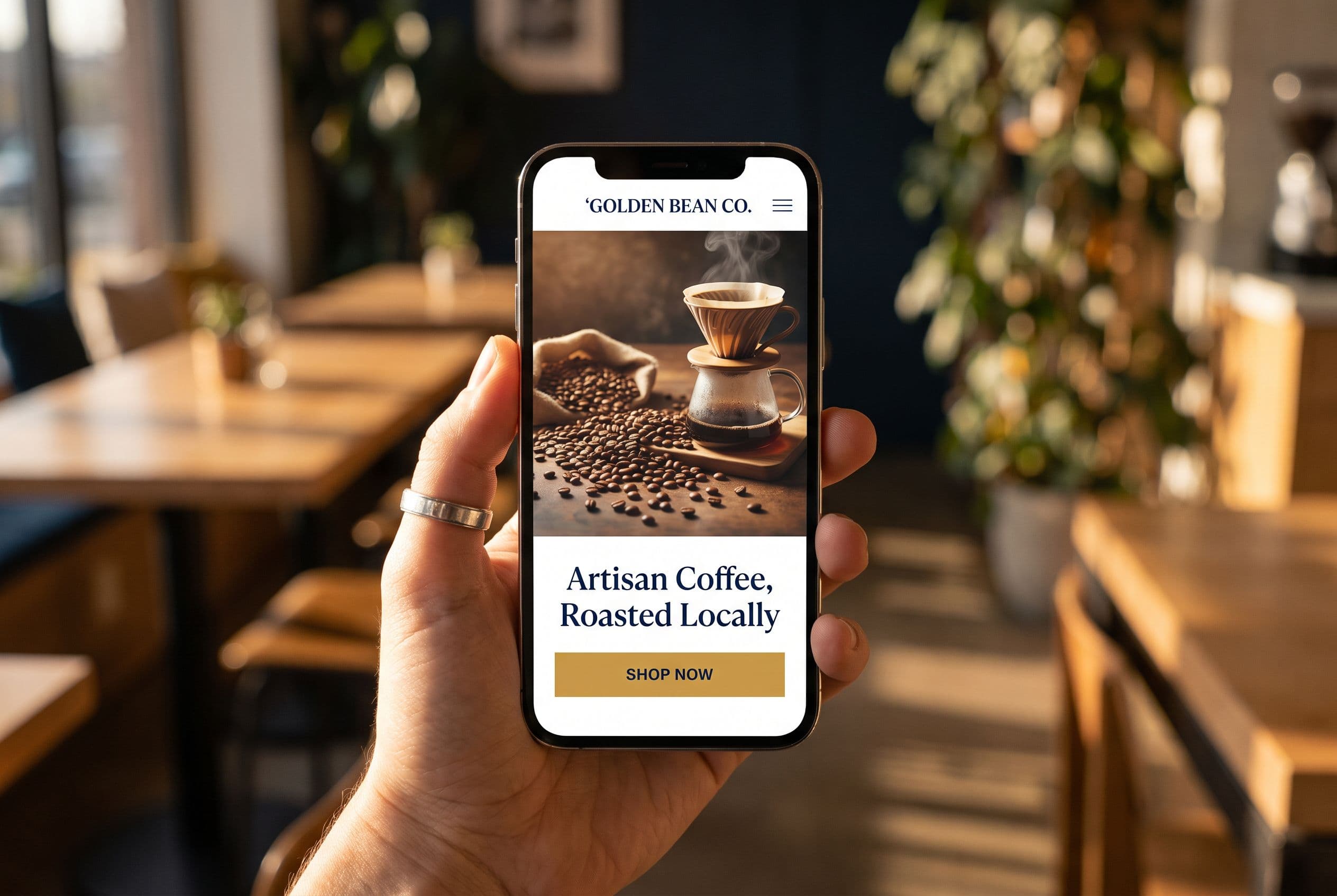 A hand holding a phone showing a finished coffee roastery website, with a gold Shop Now button, in a sunlit cafe.