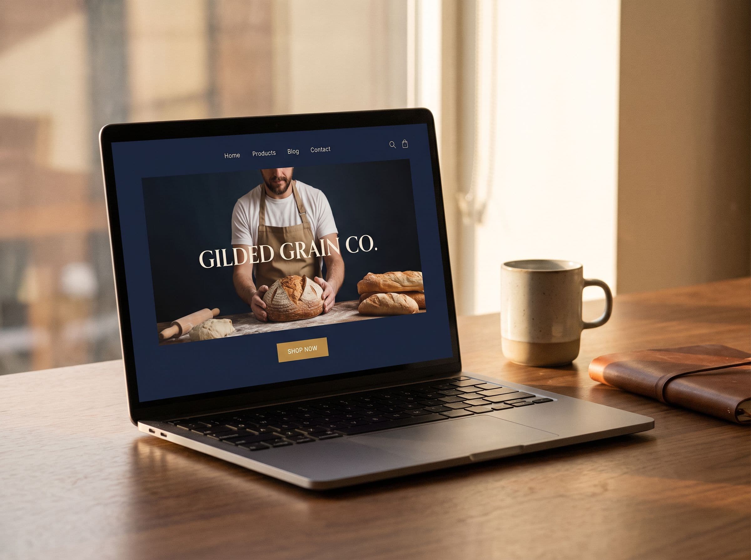 A redesigned premium bakery website on a modern laptop on a walnut desk in warm daylight.