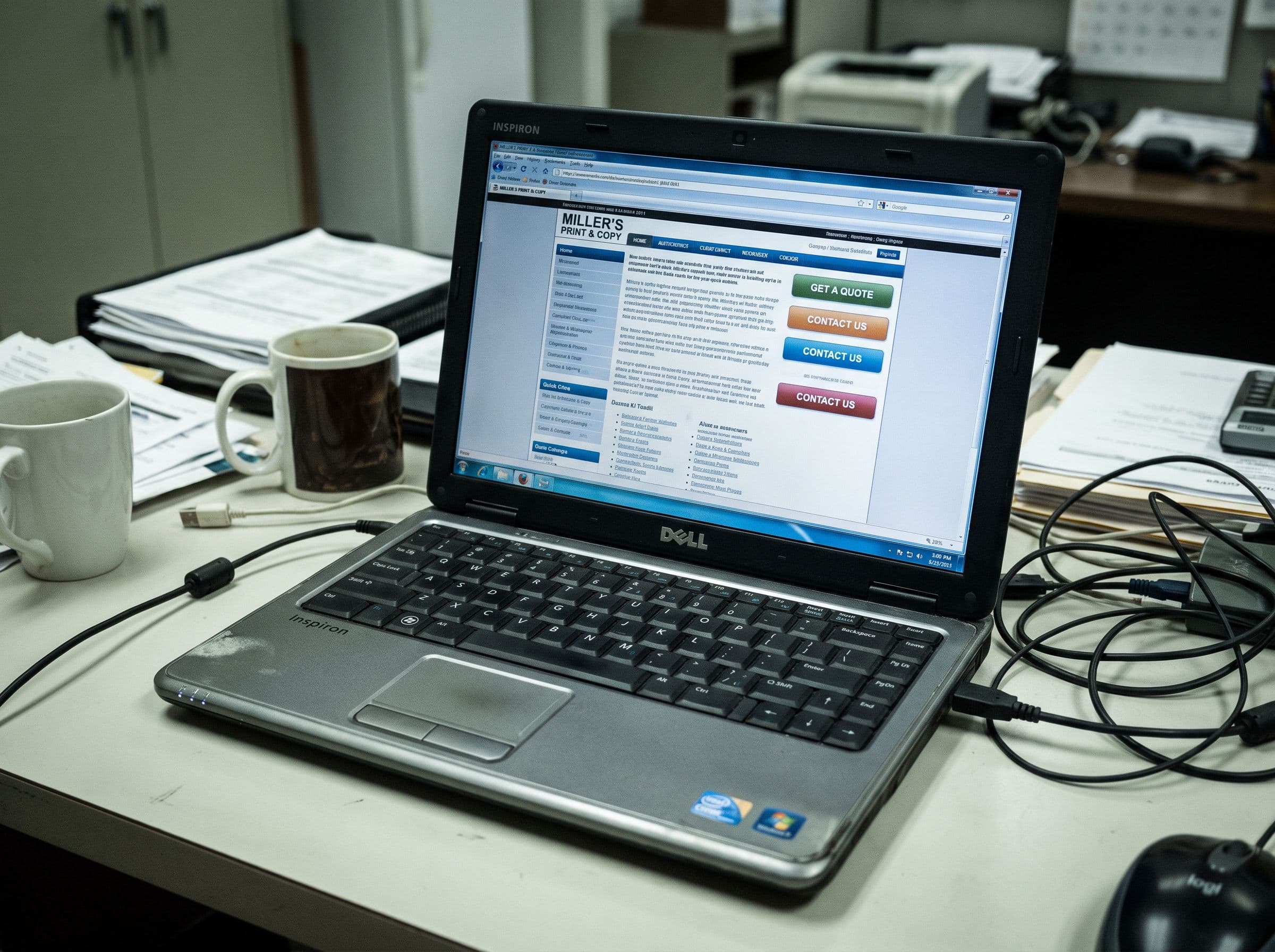 An outdated small-business website from the early 2010s on an old laptop in a cluttered office.
